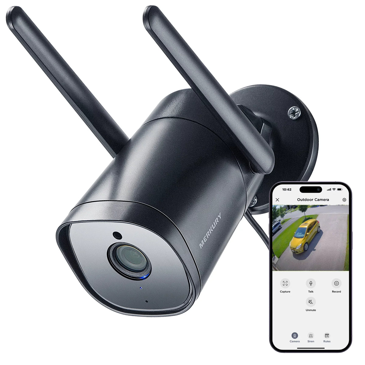 Merkury Smart 1080P Smart Outdoor Security Camera - Weatherproof, Night Vision, 2-Way Audio, dark, Wi-Fi