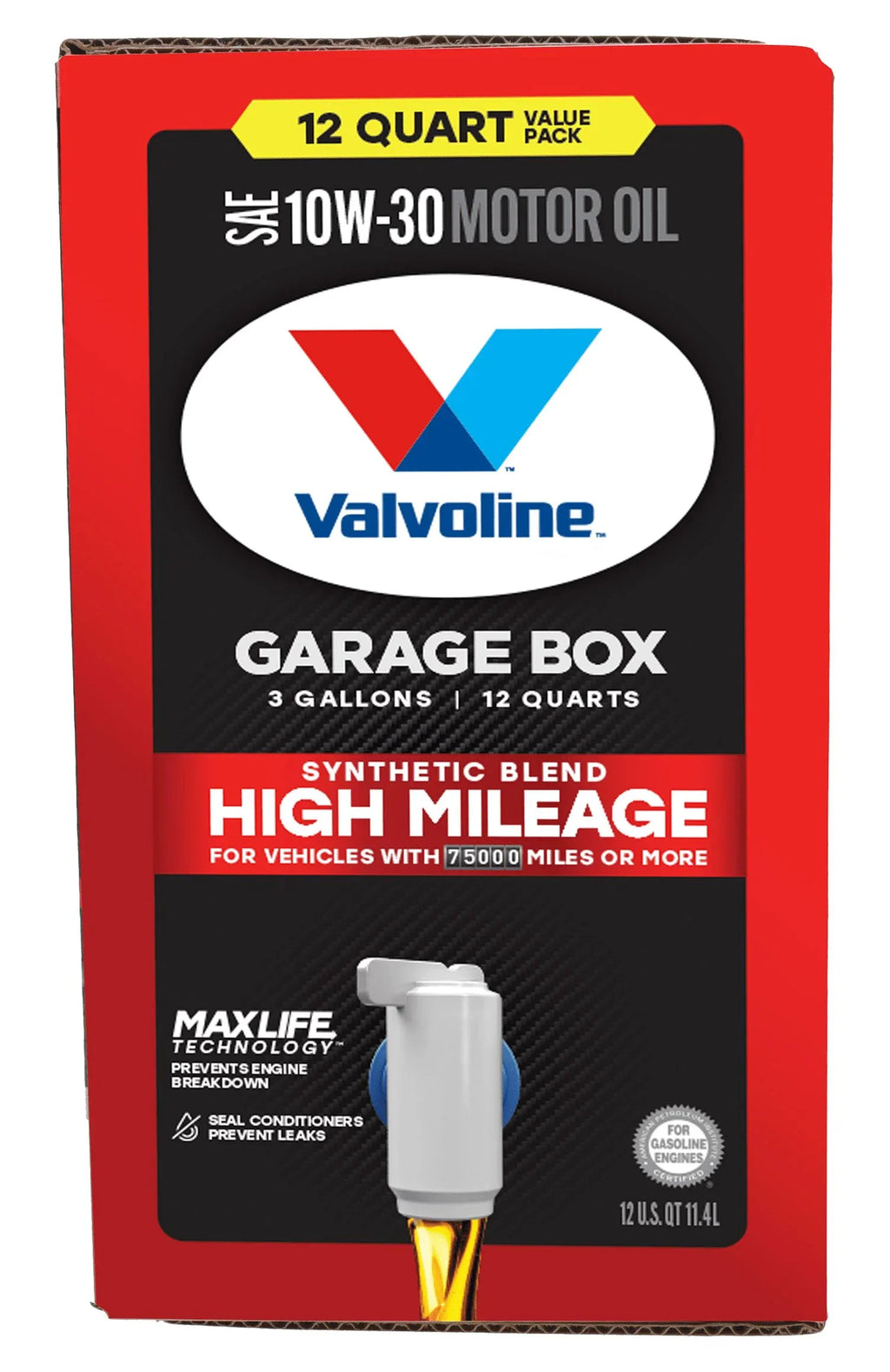 Valvoline High Mileage MaxLife 10W-30 Synthetic Blend Motor Oil 12 QT Garage Box