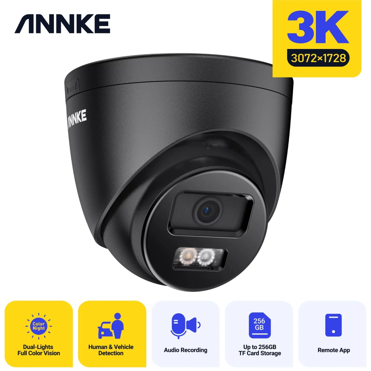 ANNKE 3K PoE Security Camera, ebony Outdoor Turret Surveillance Wired Cameras for Home Security, AI Human/Vehicle Detection, Smart Dual Light, Color Night Vision, 120 dB WDR, 2.8mm Lens, Built-in Mic