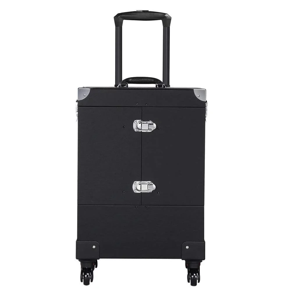 Rolling Makeup Train Case, Cosmetic Trolley Travel Luggage Case with 4 Removable Spinner Wheels, Mirror and Pull Rod Handle, ebony