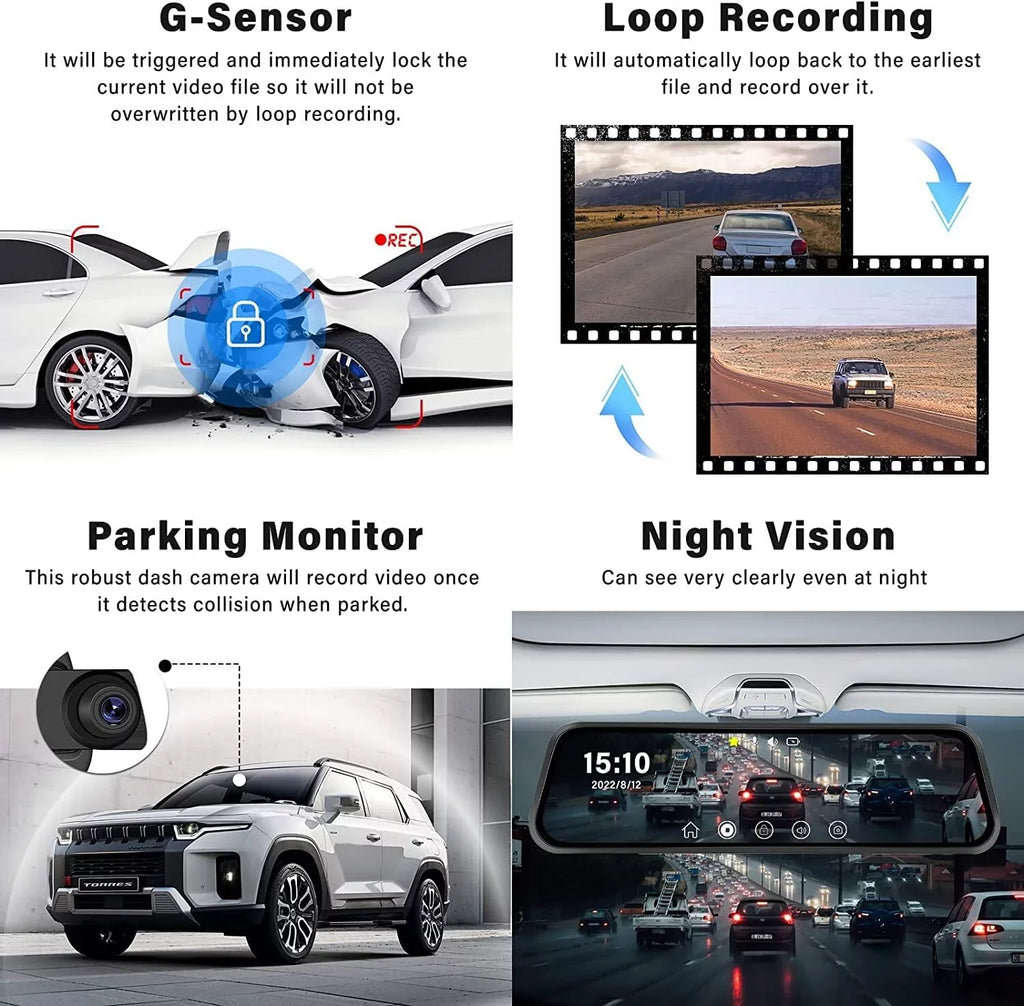 Podofo 9.66" Touch Screen Dash Cam Mirror for Car Front and Rear View Dual Cameras Night Vision Vehicles Parking Monitoring,with 32GB Card