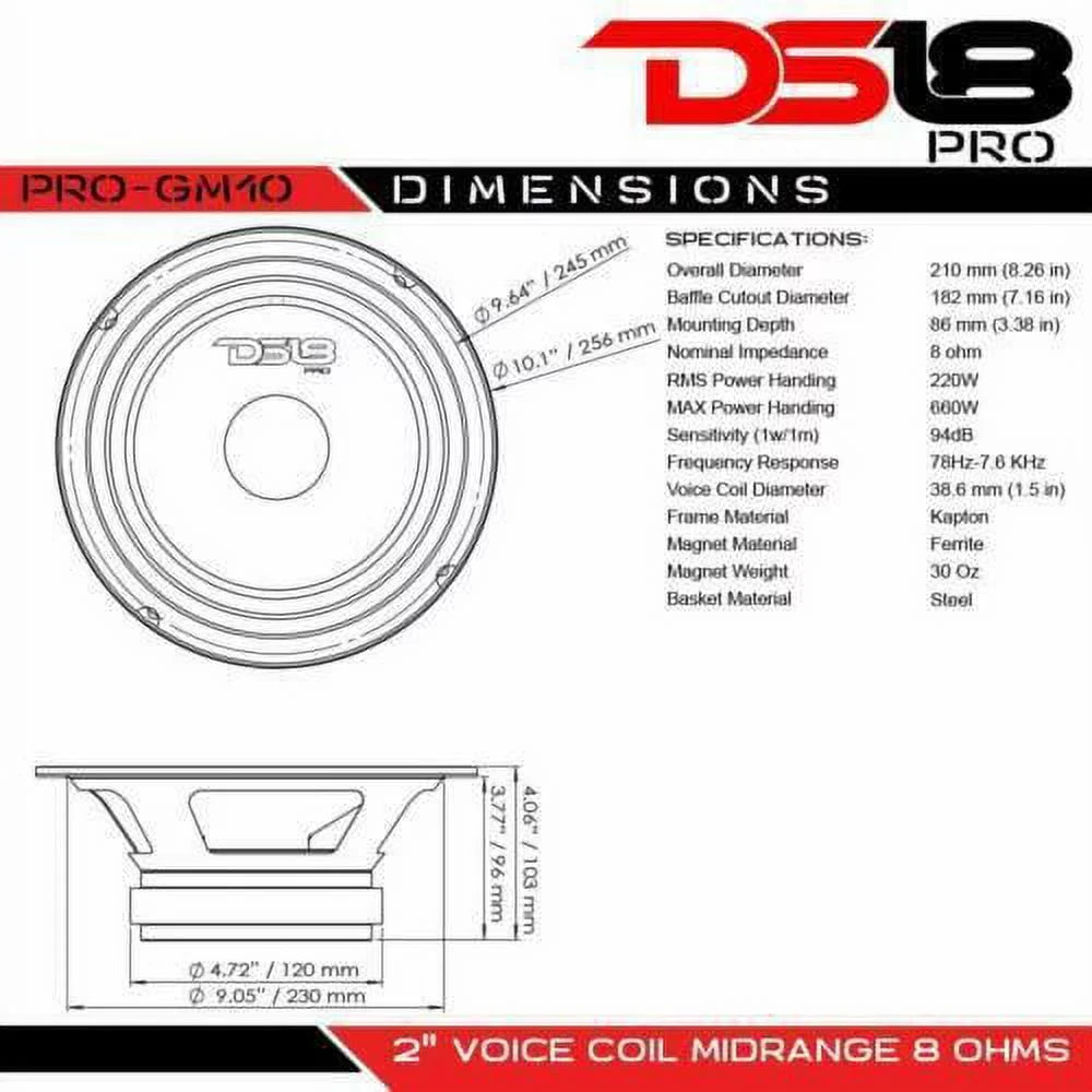 DS18 Pro GM 10 1 inch 660 watt Max 8 Ohm Mid Range Car and Truck Door Loudspeaker