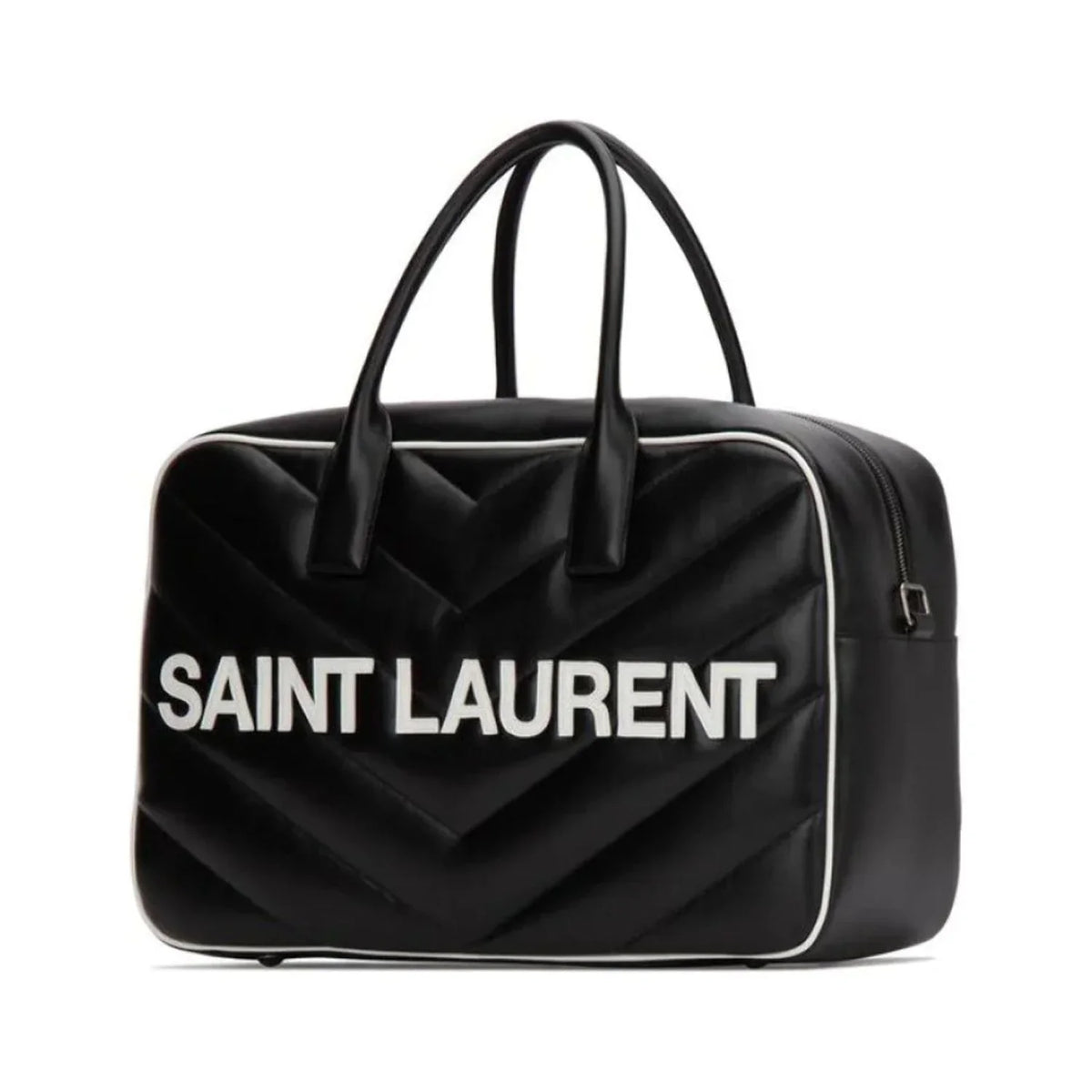 New Saint Laurent Miles Logo dark Calf Leather Duffel Bowling Bag 525145