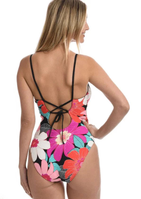 La Blanca Women's Plunge Knot Front One Piece Swimsuit, Multi//in Full Bloom, 6