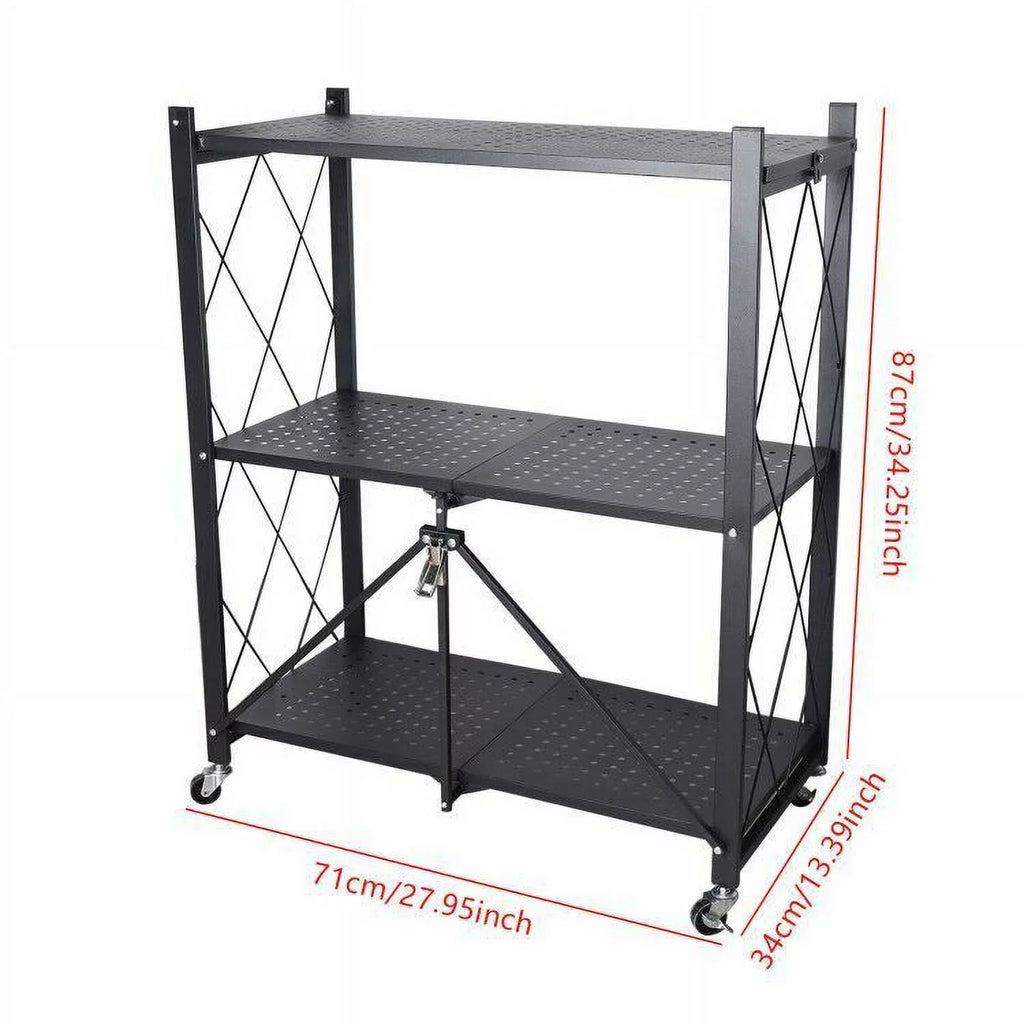 Storage 3 Tier Wide Folding Metal Shelf ,Rolling Trolley Utility Cart charcoal