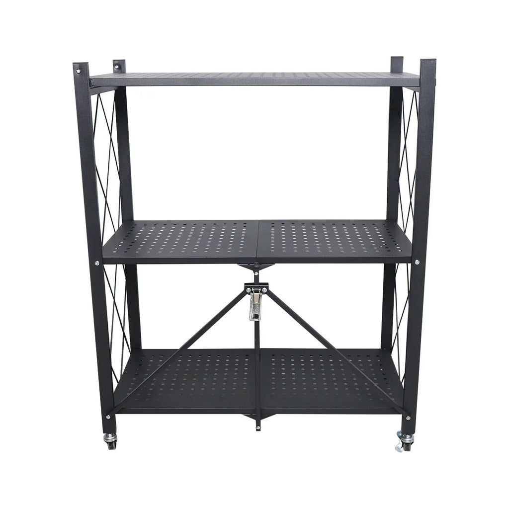 Storage 3 Tier Wide Folding Metal Shelf ,Rolling Trolley Utility Cart charcoal