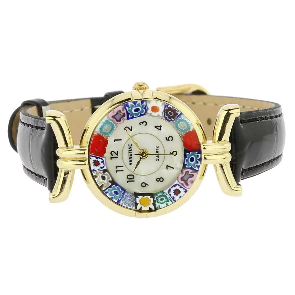 GlassOfVenice Murano Glass Millefiori Watch with Leather Band - charcoal Multicolor