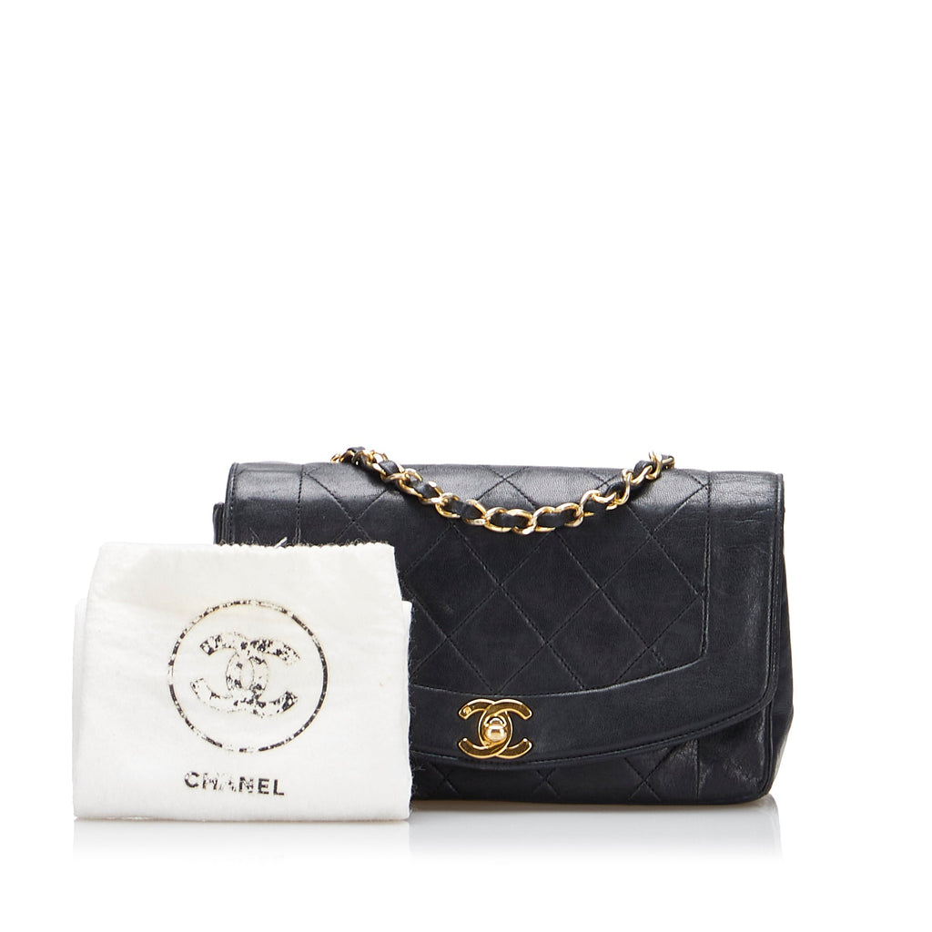Pre-Owned Authenticated Chanel Small Lambskin Diana Flap Leather dark Crossbody Bag Unisex (Good)