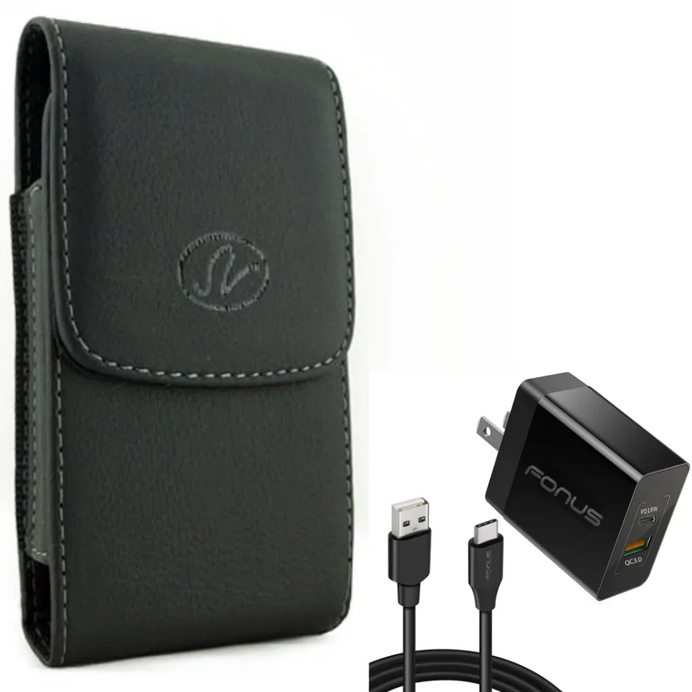 Holster Leather Case Belt Clip w 6ft Long Cable Fast Type-C 36W PD Home Charger for  Galaxy XCover Pro S9 Plus S8 Plus S22 Plus FieldPro active S21 FE 5G A53 5G A52 5G A51 5G A50 A33 5G