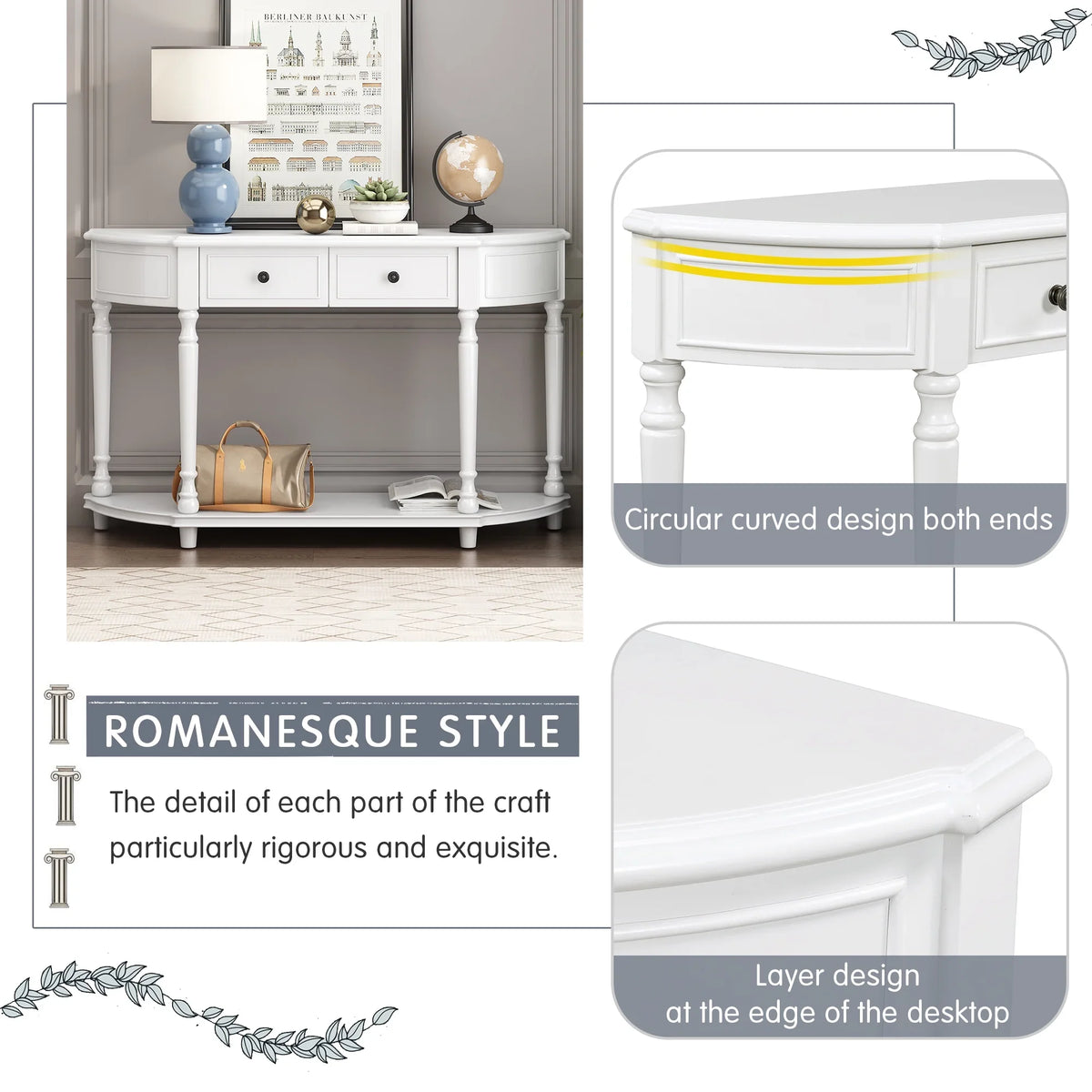 Retro Circular Curved Design Console Table with Open Style Shelf Solid Wooden Frame and Legs Two Top Drawers (White, OLD SKU: WF298768AAK)