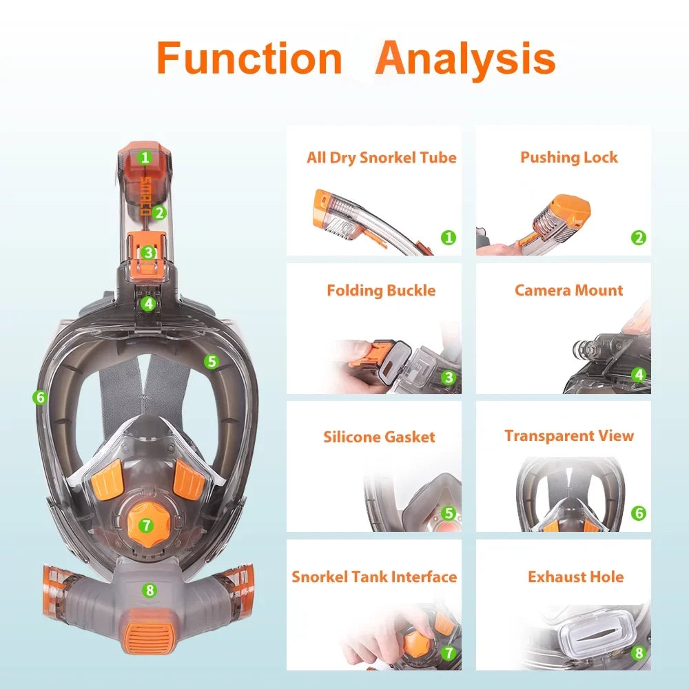Snorkel Full Face Cover with Foldable Dry Snorkel pipe Anti-fog Anti-Leak Snorkeling Face Cover with Mount Storage Bag