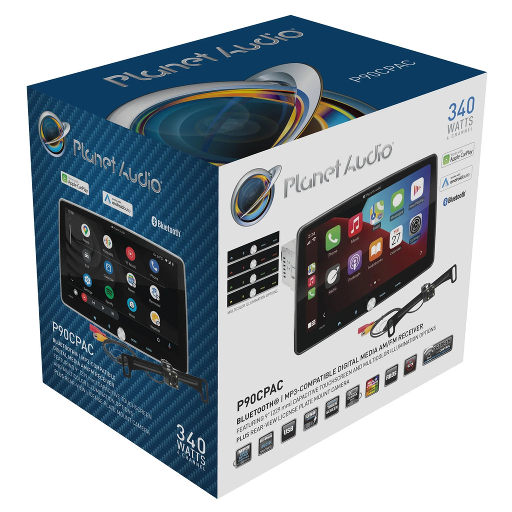 Planet Audio P90CPAC Car Stereo -  CarPlay, Android Auto, Single Din, 9 inch Capacitive Touchscreen, Bluetooth, No CD DVD Player, AM/FM Radio Receiver, Backup Camera