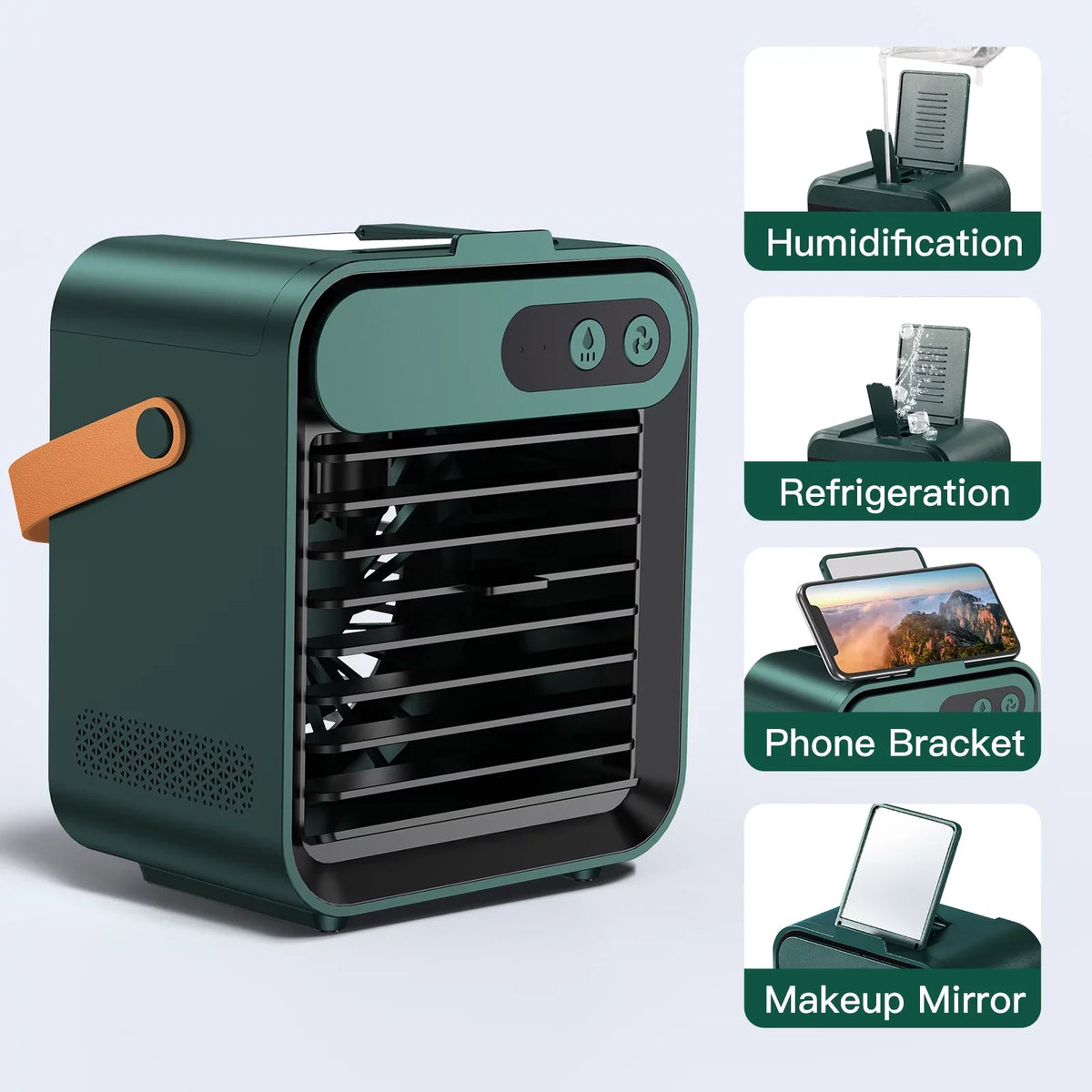 Comvin Portable Air Cooler Fan,Quiet Humidifier USB Desk Fan with 3 Speeds 4 in 1 Desktop Personal Adjustable Fan, Air Cooling Fan with Phone holder and vanity mirror for Office,Bedroom,Car and Home