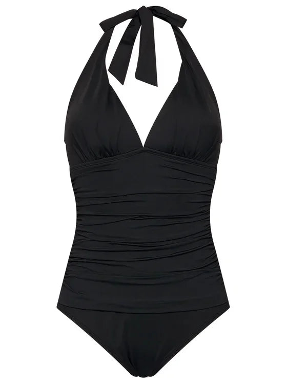 Ralph Lauren charcoal Beach Club Solid Halter One-Piece Swimsuit, US 4