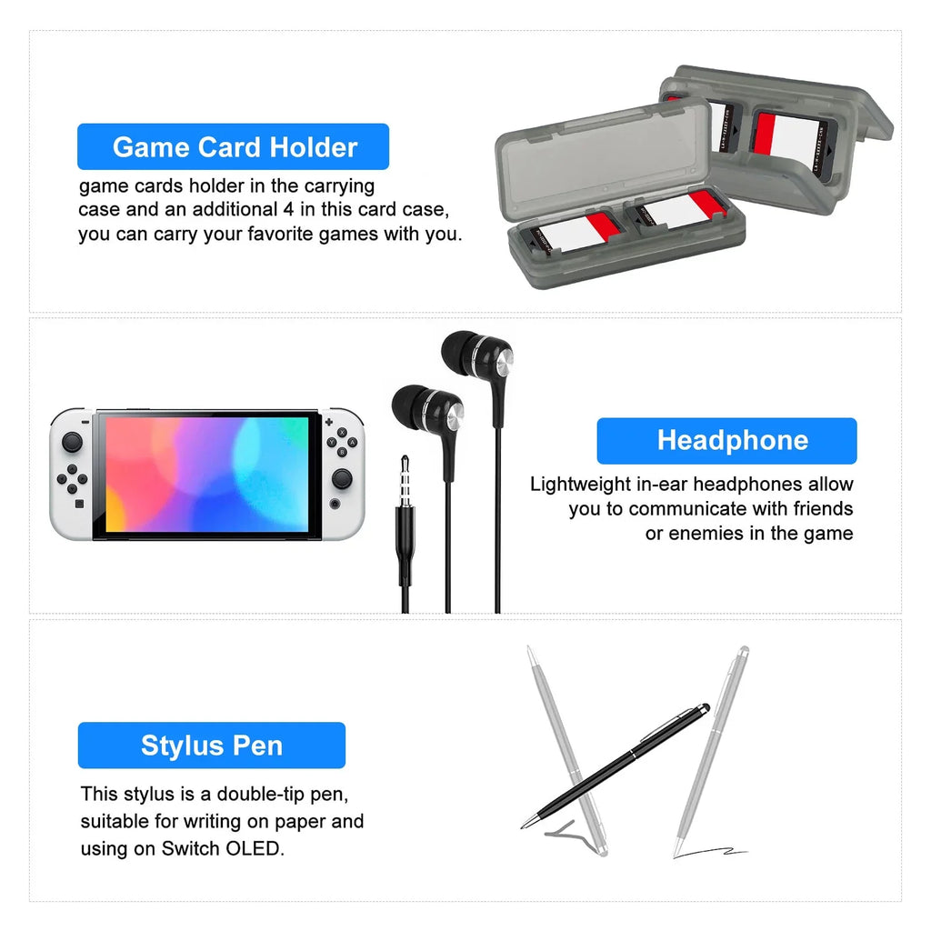16-in-1 Accessories Kit Fit for Nintendo Switch OLED, EEEkit Accessories Bundle with Carrying Case, Protective Cover Case, Tempered Glass Screen Protector, Thumb Grips, and More, charcoal