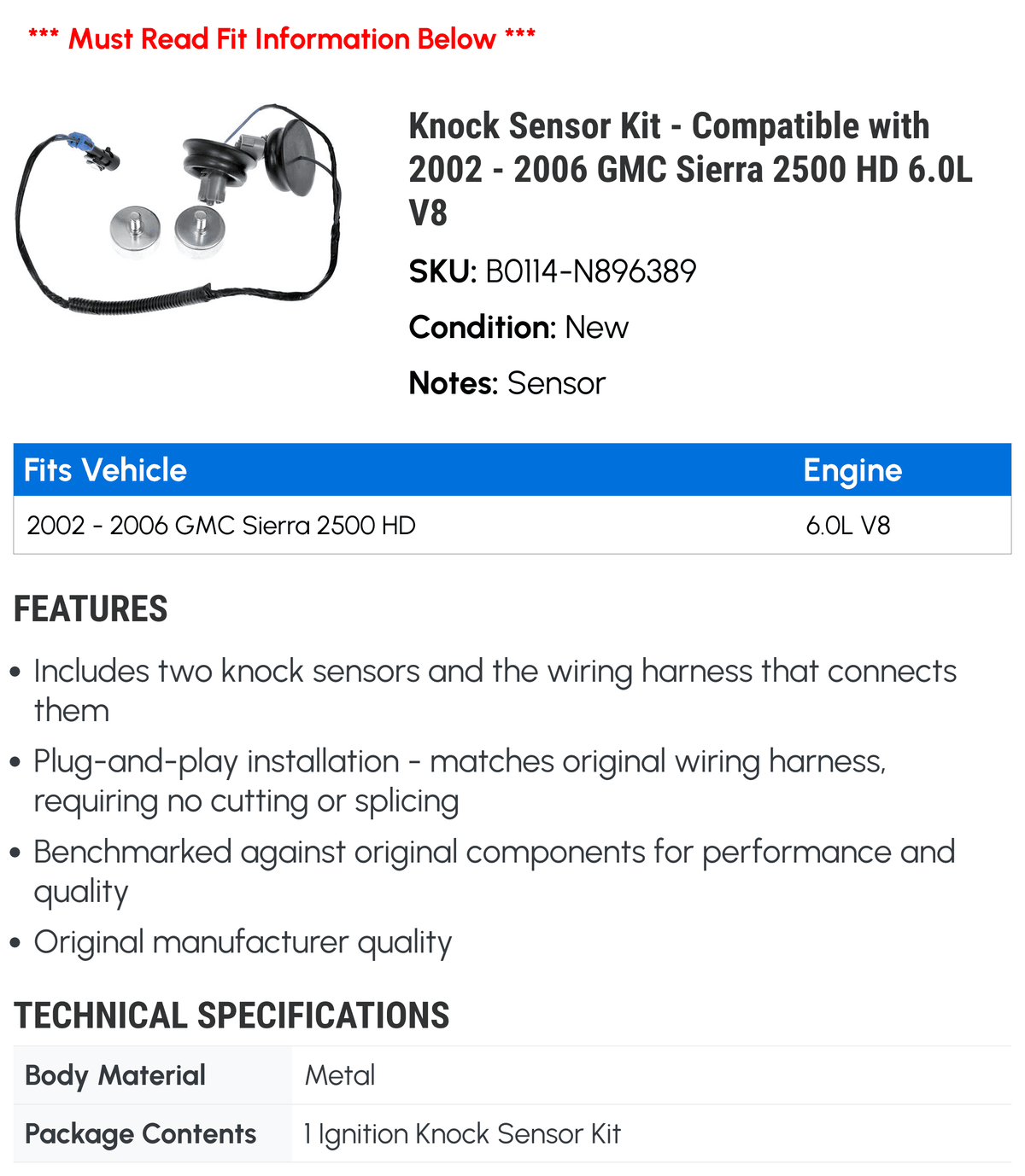 Knock Sensor Kit - Compatible with 2002 - 2006 GMC Sierra 2500 HD 6.0L V8 2003 2004 2005