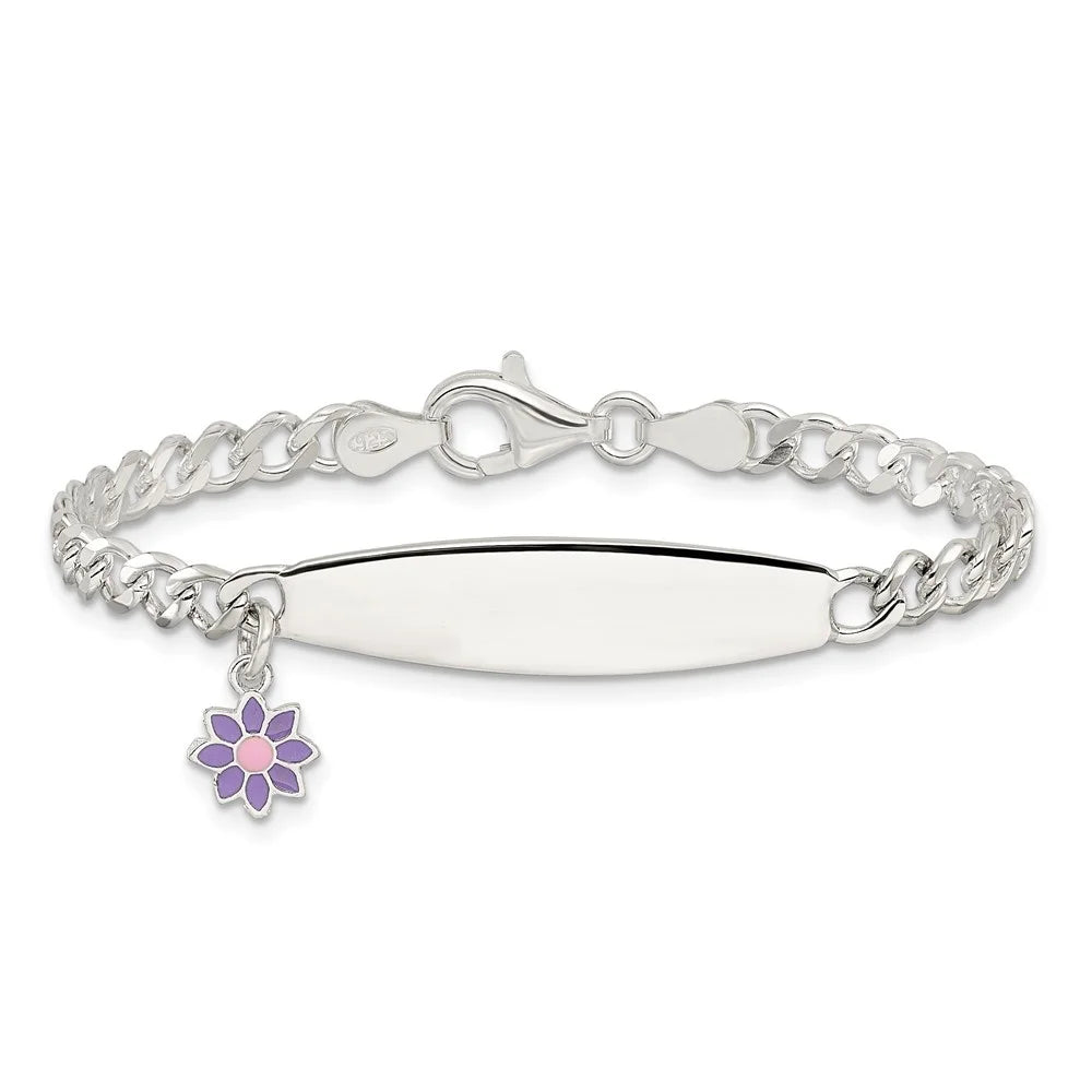 Auriga 925 Sterling Silver Polished Enameled Flower ID Bracelet 6inch for Women