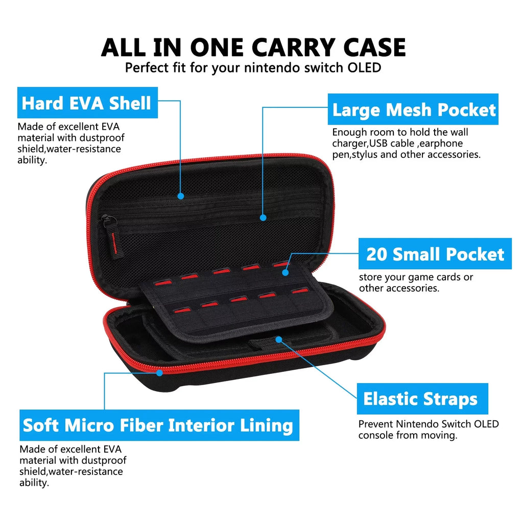 16-in-1 Accessories Kit Fit for Nintendo Switch OLED, EEEkit Accessories Bundle with Carrying Case, Protective Cover Case, Tempered Glass Screen Protector, Thumb Grips, and More, charcoal