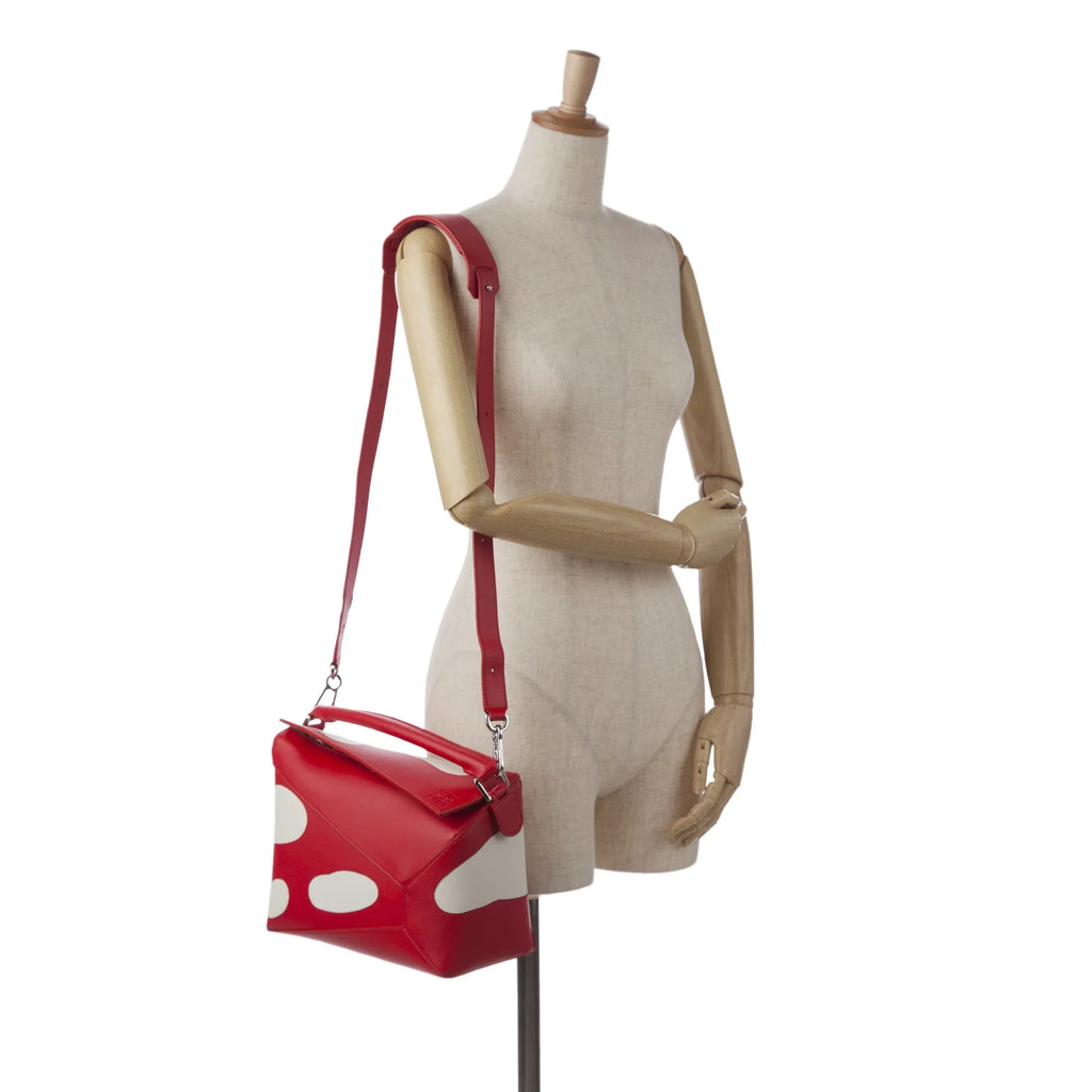 Pre-Owned Authenticated LOEWE Small Mushroom Puzzle Edge Calf Leather Red Satchel Unisex (Good)