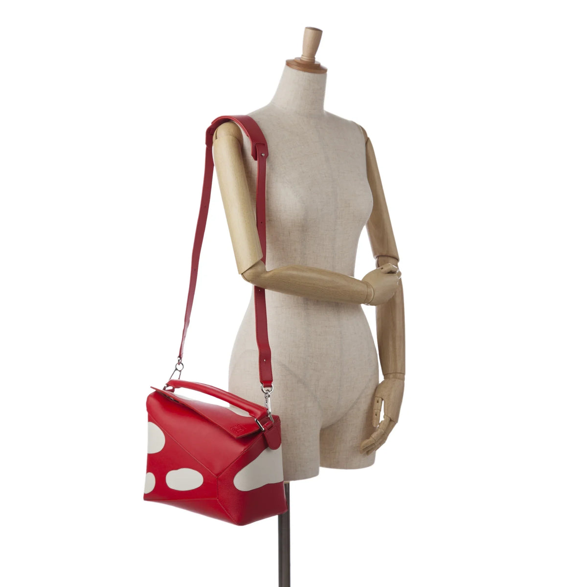 Pre-Owned Authenticated LOEWE Small Mushroom Puzzle Edge Calf Leather Red Satchel Unisex (Good)