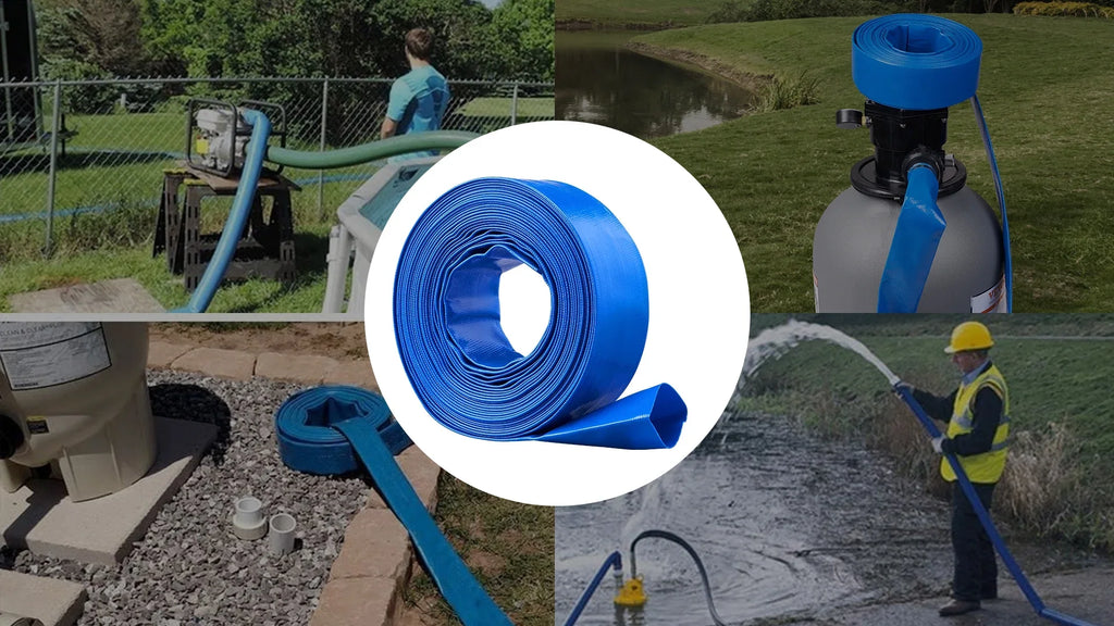BENTISM Swimming Pool Filter Backwash Hose with Clamps 2'' x 50' Premium polyvinyl chloride Lay Flat Discharge Hose Blue Weather and Chemical Resistant