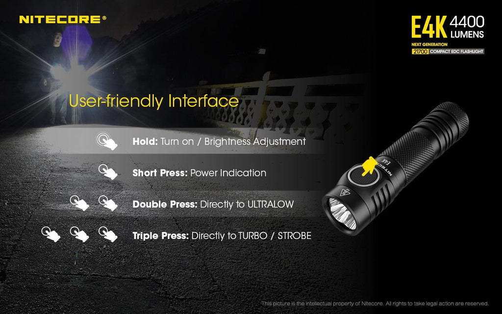 Combo: NITECORE E4K Next generation Flashlight - 4400 Lumens w/NTK05 Small Folding Knife