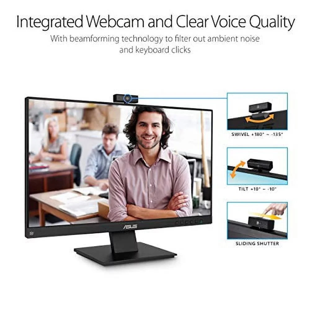 BE24EQK 23.8" Business Monitor with Webcam, 1080P Full HD IPS, Eye Care, DisplayPort HDMI, Frameless, Built-in Adjustable 2MP Webcam, Mic Array, Stereo Speaker, Video Conference