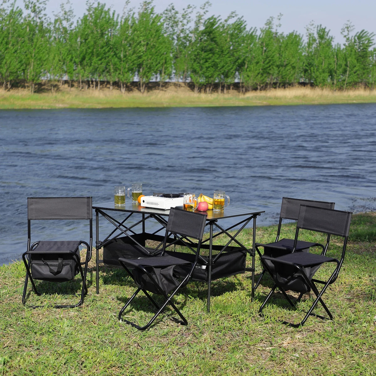 Set of 5, Folding Outdoor Table and Chair Set for Indoor, Outdoor Camping, Picnics, Beach,Backyard, BBQ, Party, Patio, ebony/Gray