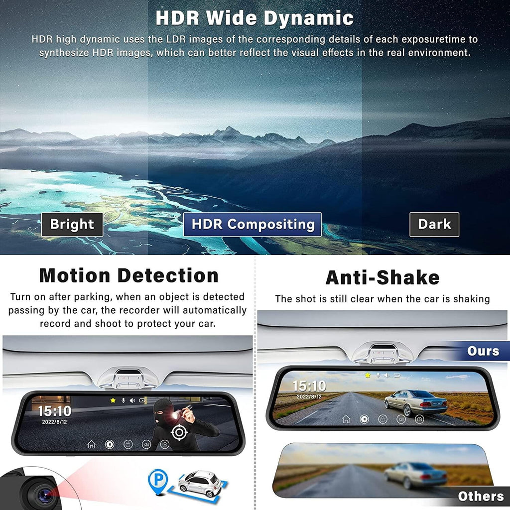 Podofo 9.66" Touch Screen Dash Cam Mirror for Car Front and Rear View Dual Cameras Night Vision Vehicles Parking Monitoring,with 32GB Card