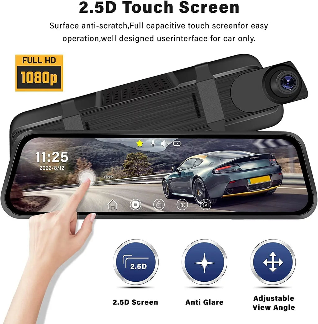 Podofo 9.66" Touch Screen Dash Cam Mirror for Car Front and Rear View Dual Cameras Night Vision Vehicles Parking Monitoring,with 32GB Card