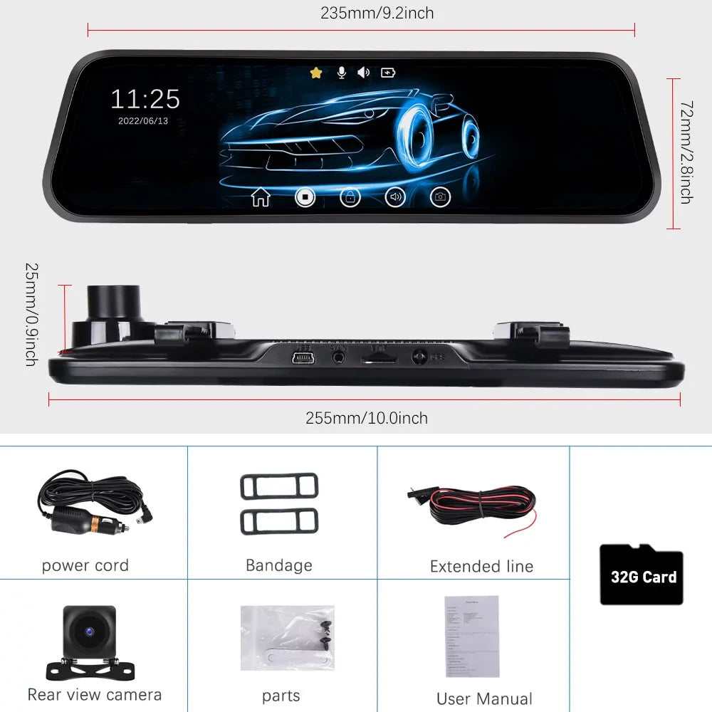 Podofo 9.66" Touch Screen Dash Cam Mirror for Car Front and Rear View Dual Cameras Night Vision Vehicles Parking Monitoring,with 32GB Card