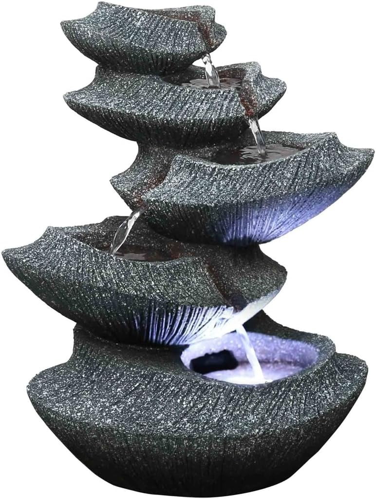 HF-B16-14LT. Hand-Crafted Design. Modern Stone Tiers 14" Fountain W/LED Light: Small Indoor/Outdoor Water Feature For s, Entryways, Gardens & Patios