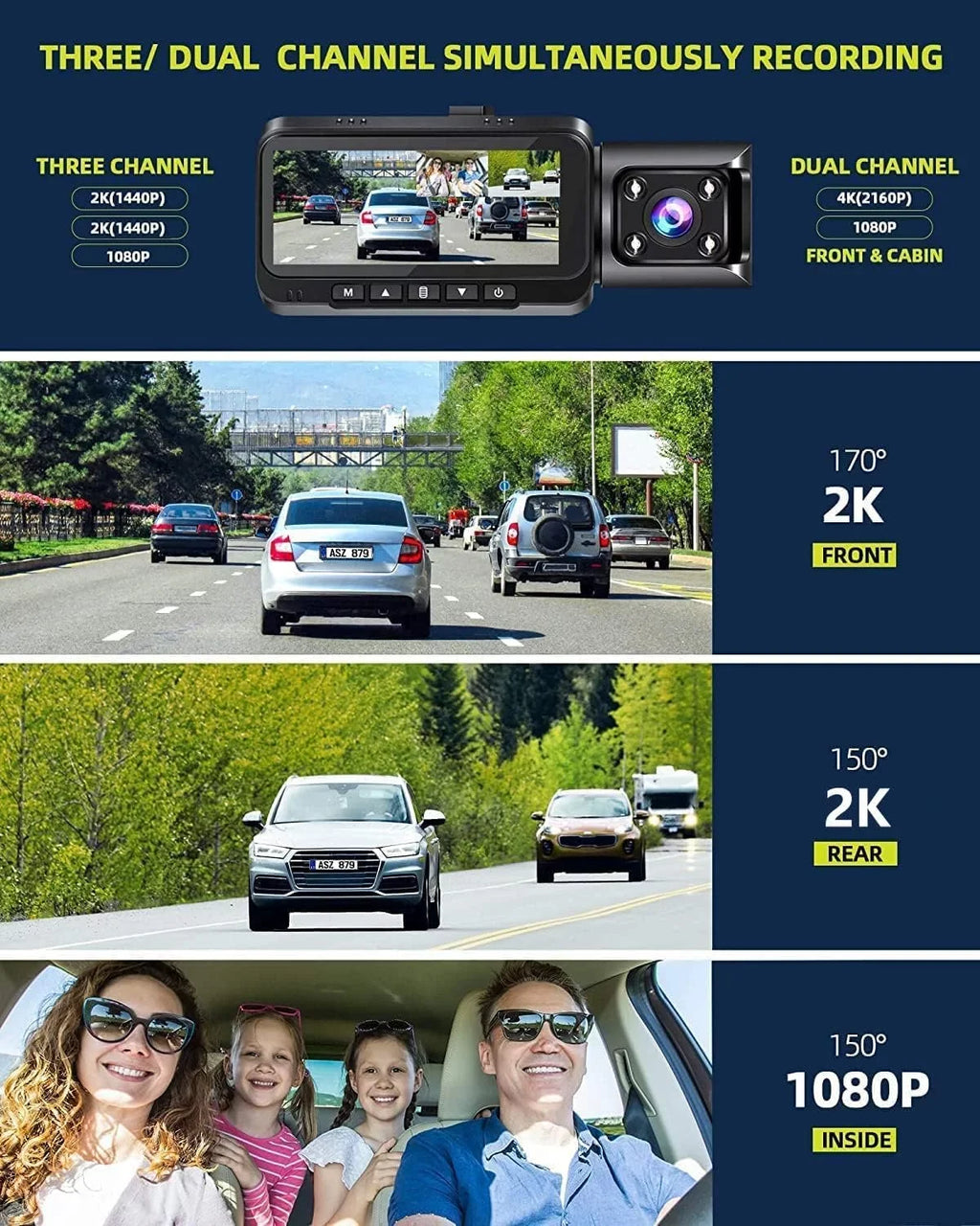 TOGUARD 4K Car Camera GPS Speed 3 Channel Dash Camera Front and Rear Inside 2K+1080P+2K IR Night Vision,170° Wide Angle, WDR, Emergency Lock, Parking Monitor