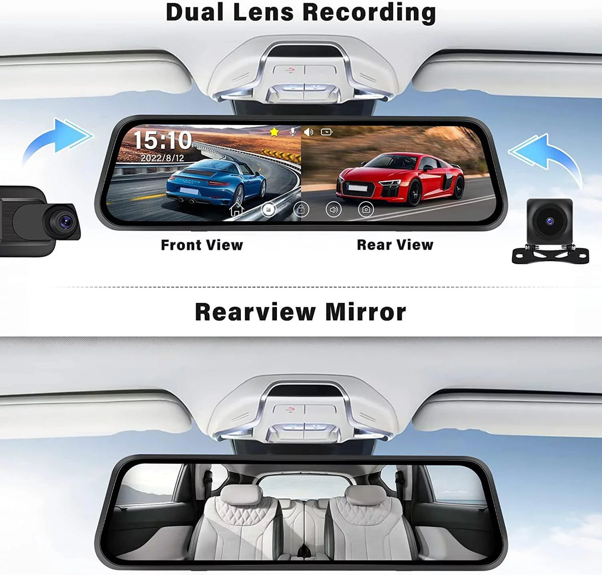 Podofo 9.66" Touch Screen Dash Cam Mirror for Car Front and Rear View Dual Cameras Night Vision Vehicles Parking Monitoring,with 32GB Card