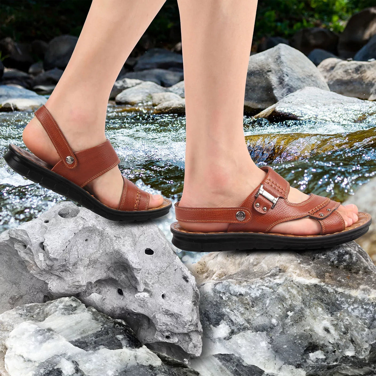 ILJNDTGBE Sandals for Men Leather Hiking Sandals Men Summer Two Wear Buckle Strap Casual Open Toe Flat Soft Bottom Breathable Shoes Sandals