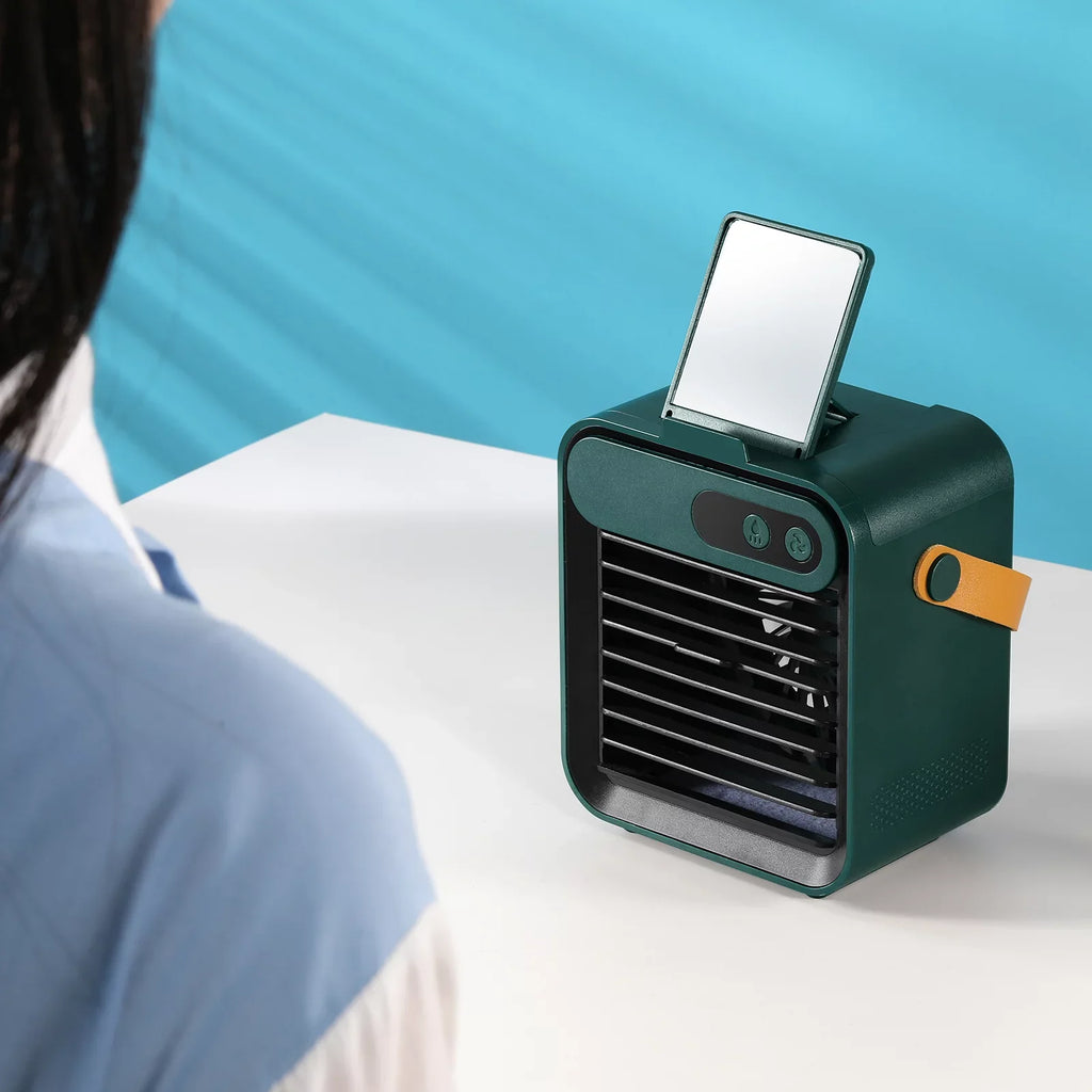 Comvin Portable Air Cooler Fan,Quiet Humidifier USB Desk Fan with 3 Speeds 4 in 1 Desktop Personal Adjustable Fan, Air Cooling Fan with Phone holder and vanity mirror for Office,Bedroom,Car and Home