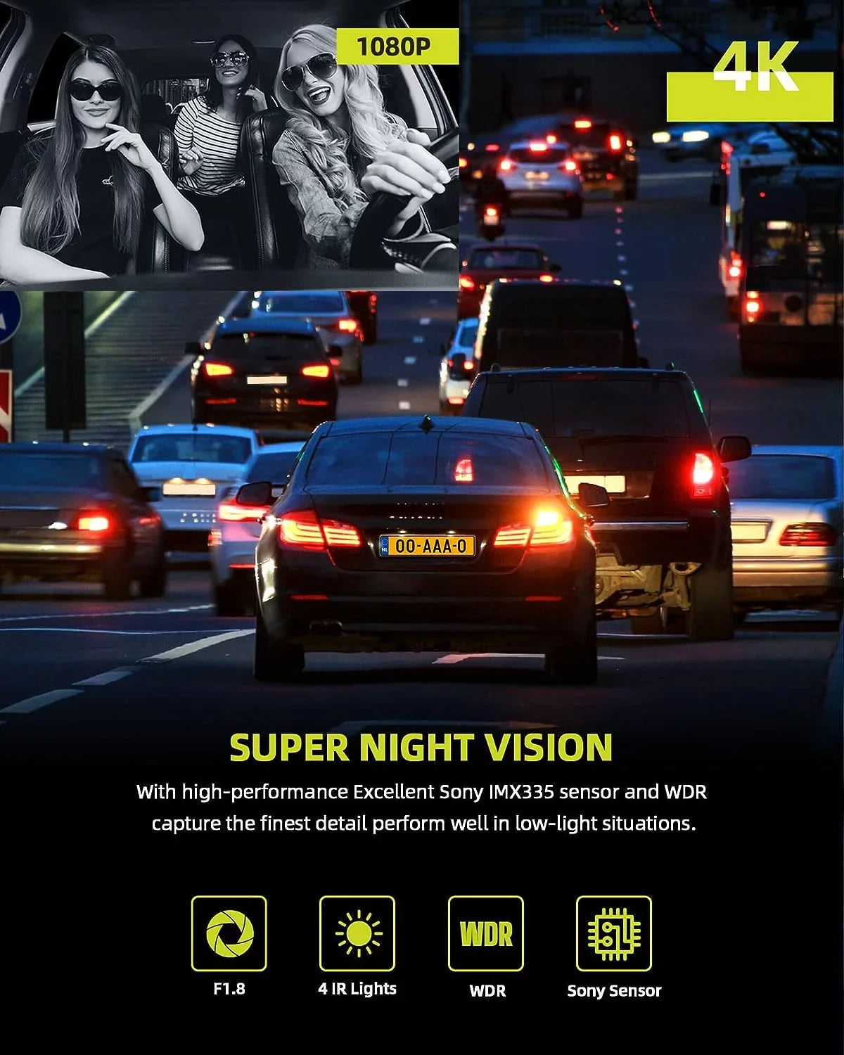 TOGUARD 4K Car Camera GPS Speed 3 Channel Dash Camera Front and Rear Inside 2K+1080P+2K IR Night Vision,170° Wide Angle, WDR, Emergency Lock, Parking Monitor
