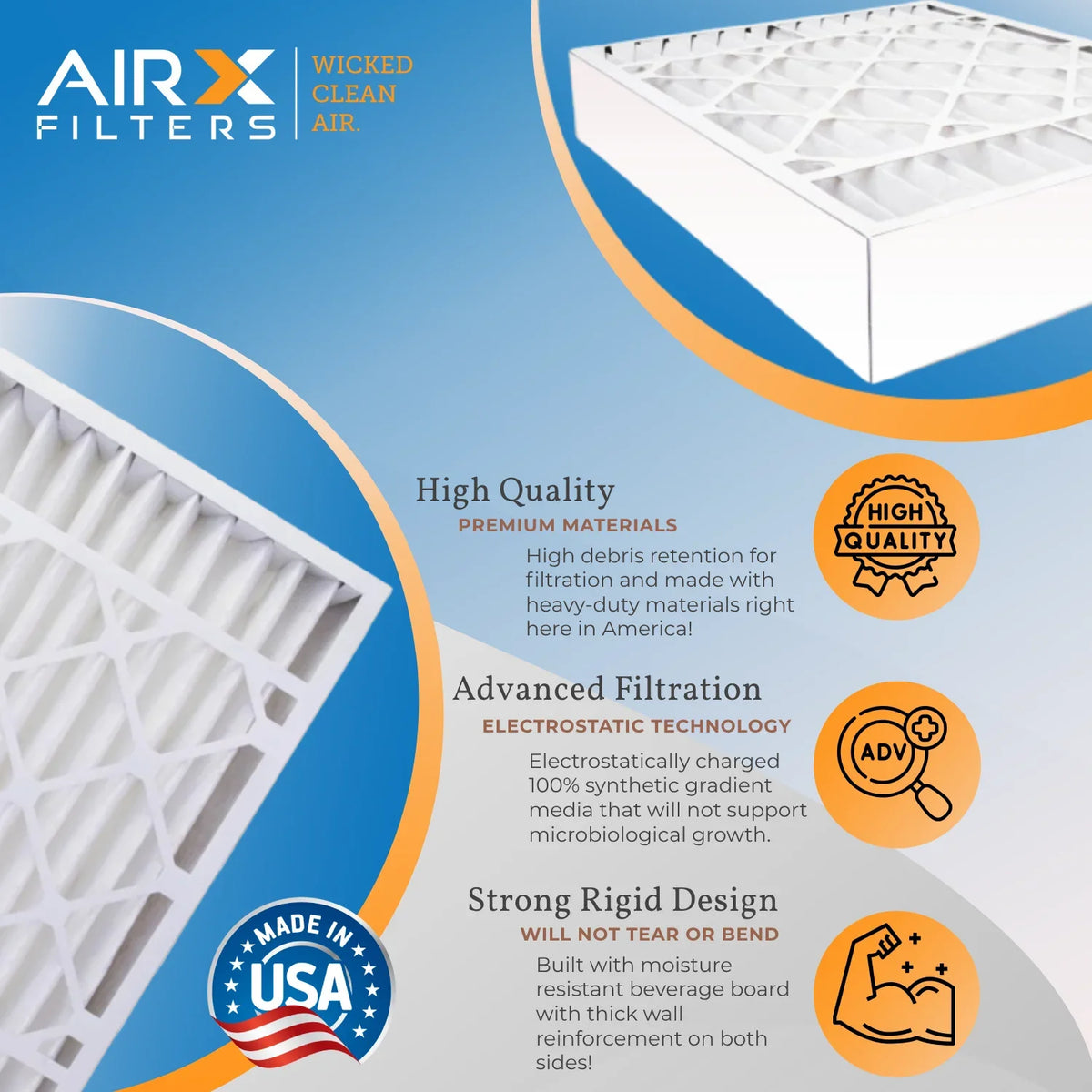 20x20x4 Air Filter MERV 8 Comparable to MPR 700 & FPR 5 Premium USA Made 20x20x4 Furnace Filter 2 Pack AC HVAC Filters by AIRX FILTERS WICKED CLEAN AIR.