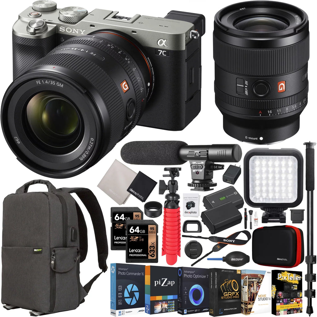 a7C Mirrorless Full Frame Camera Body +  FE 35mm F1.4 GM G Master Lens SEL35F14GM Silver ILCE7C/S Bundle with Deco Gear Photography Backpack Case + Microphone + LED + Monopod and Accessories