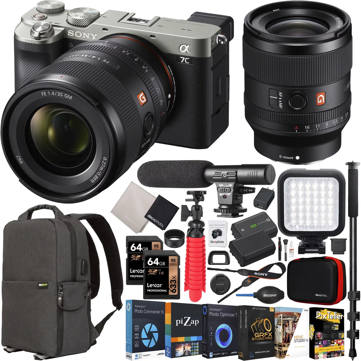 a7C Mirrorless Full Frame Camera Body +  FE 35mm F1.4 GM G Master Lens SEL35F14GM Silver ILCE7C/S Bundle with Deco Gear Photography Backpack Case + Microphone + LED + Monopod and Accessories