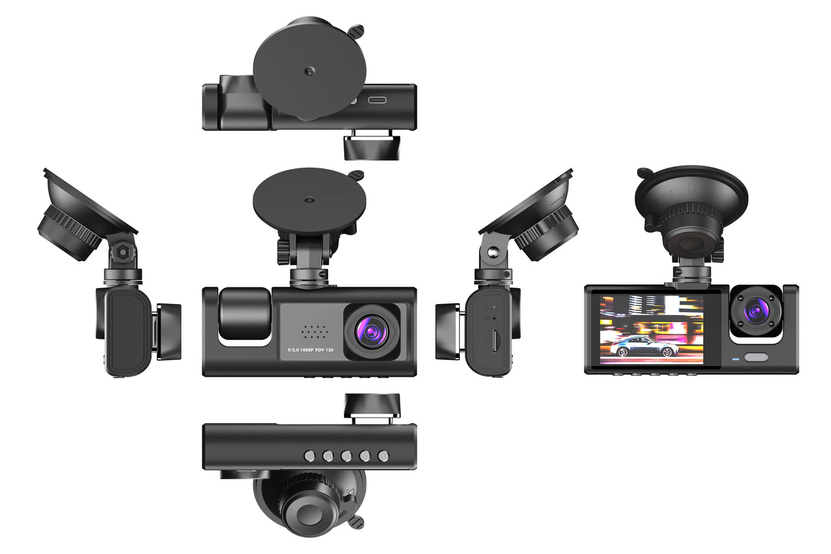 3 Channel Dash cam, 2-25mm Screen Driving Recorder, High-Definition 1080P, Night Vision, Loop recording, Motion Detection, G-Sensor +32 GB SD Card