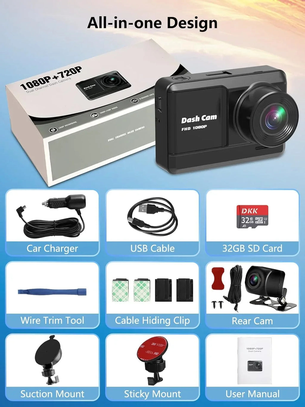 Dash Cam Front and Rear, Mini Dash Cam 1080P Full HD with 32GB SD Card, 2.45 1 inch IPS Screen, 2 Mounting Ways, Night Vision, WDR, Accident Lock, Loop Recording, Parking Monitor Car,Motorcyle,Balls