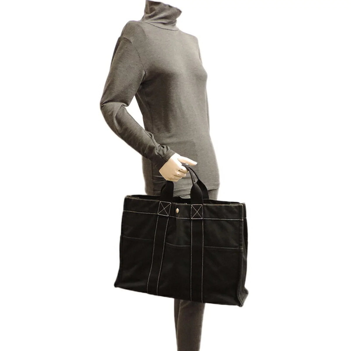 Pre-Owned Hermes Deauville MM Ladies Tote Bag Cotton Canvas charcoal (Fair)