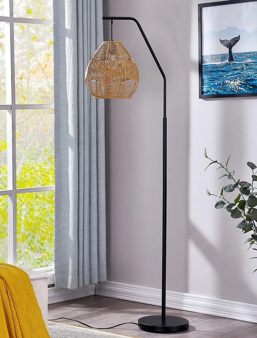 Maxax Rattan Boho Floor Lamp Farmhouse Arc Standing Lamp with Larger Woven Rattan Lamp Shade, charcoal