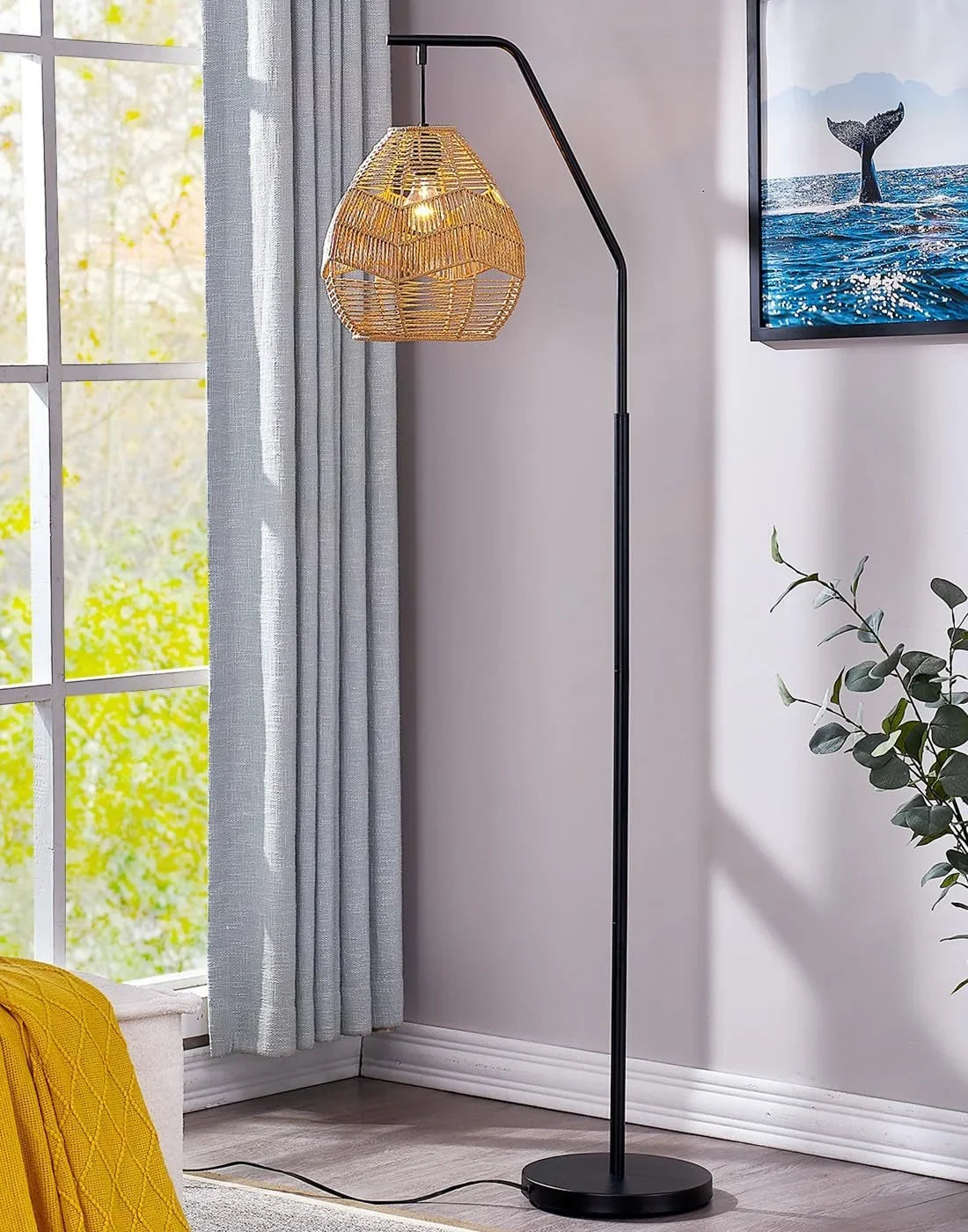 Maxax Rattan Boho Floor Lamp Farmhouse Arc Standing Lamp with Larger Woven Rattan Lamp Shade, charcoal