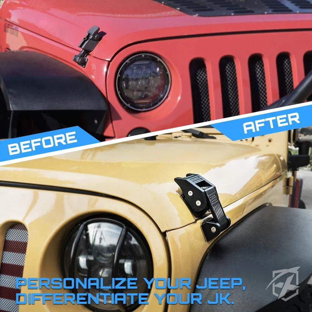 Flag for 2007-2018 Jeep Wrangler JK & 2018+ Jeep Wrangler JL. Xprite dark Aluminum Hood Latch Kit with U.S