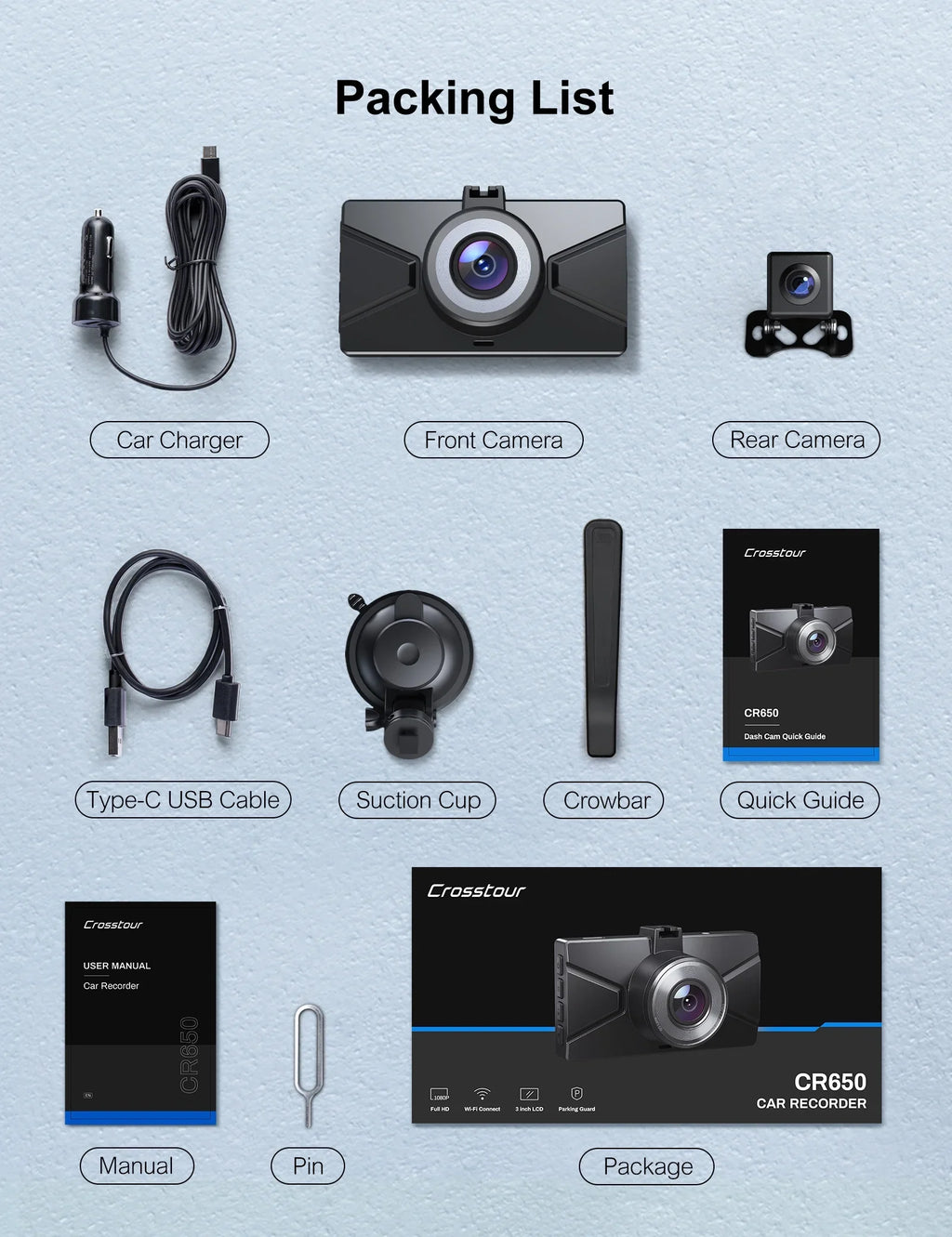 Dash Cam 1080P Full HD Front and Rear 3 1 inch Car Cam 170°Wide Angle Screen, dark