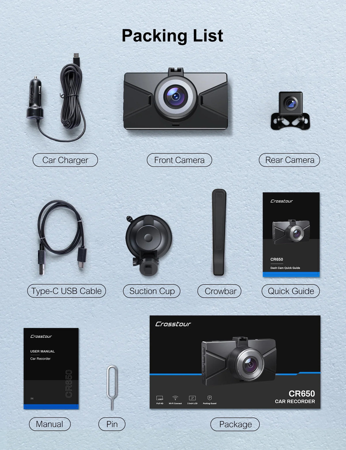 Dash Cam 1080P Full HD Front and Rear 3 1 inch Car Cam 170°Wide Angle Screen, dark