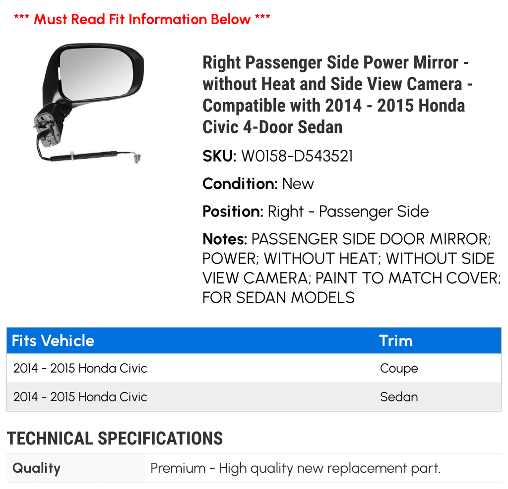 Right Passenger Side Power Mirror - without Heat and Side View Camera - Compatible with 2014 - 2015 Honda Civic 4-Door Sedan