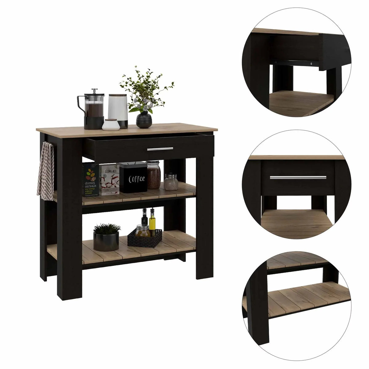 Boahaus Reims Kitchen Island, Assembled Product Height 37 in, ebony Wengue / Light Oak